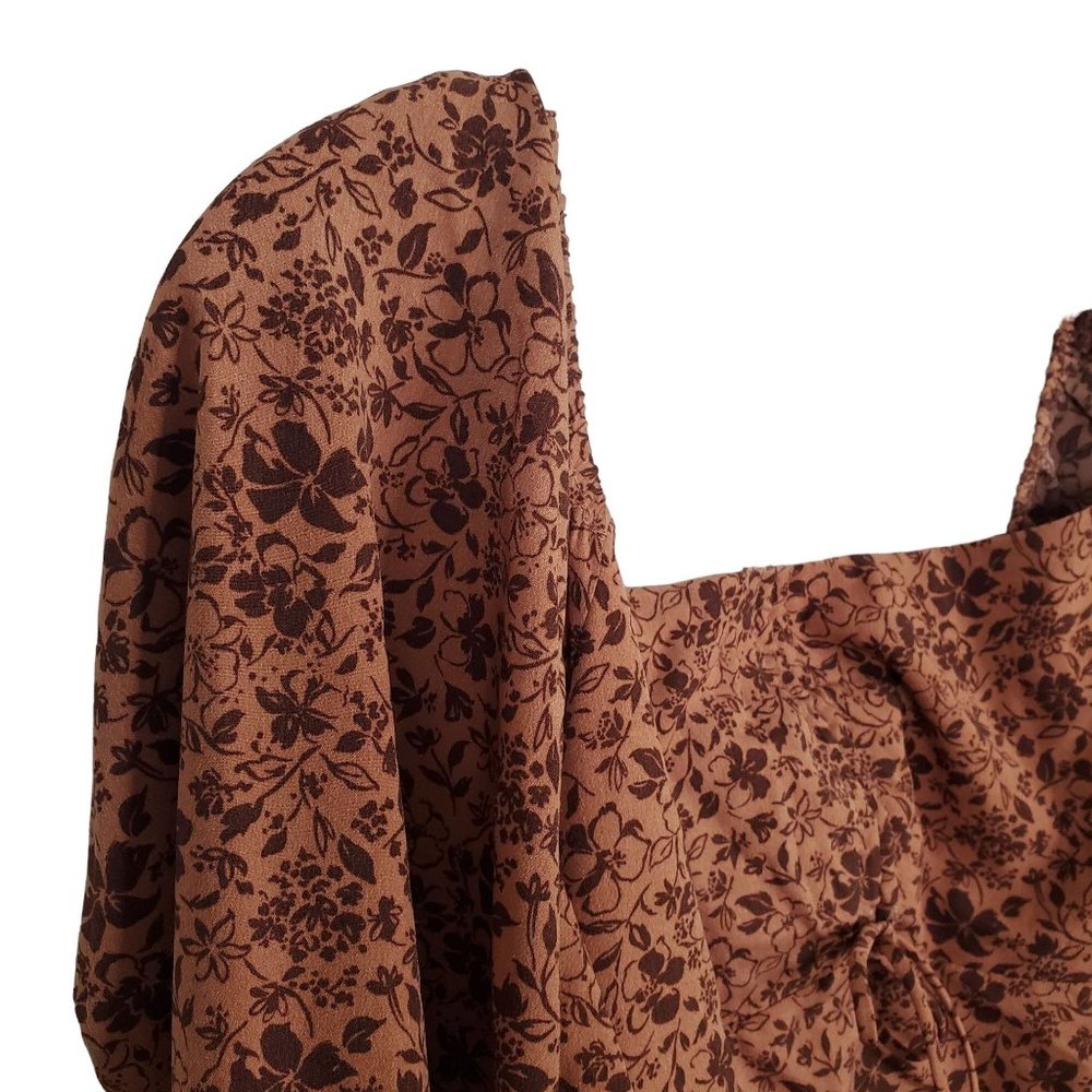 Lush NWT Size L Dress Mini Smocked Cutout Back Puff Sleeve Woodland Floral Rust - Picture 4 of 11